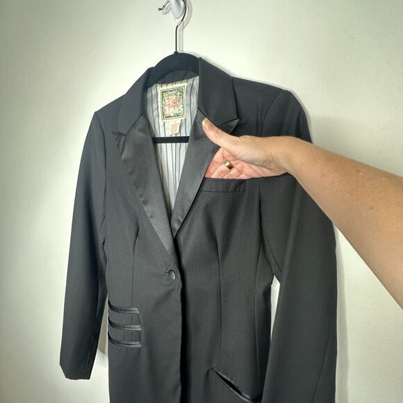 Flying Tomato Black Long One-Button Tuxedo Blazer Satin Trim Lapel & Pockets M - Picture 6 of 12